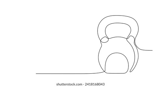 Kettlebell in continuous single line style. Drawing of sport equipment in linear style. Outline symbol for design of poster banner. Sport, workout, wellness. Editable stroke Vector doodle illustration