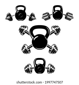 Kettlebell with crossed barbells. Design element for logo, label, sign, poster. Vector illustration