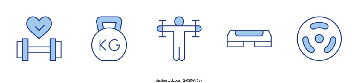kettlebell, disc, weight lifting, fitness, step. Gym Icon vector illustration. Line Duotone style. Editable stroke.