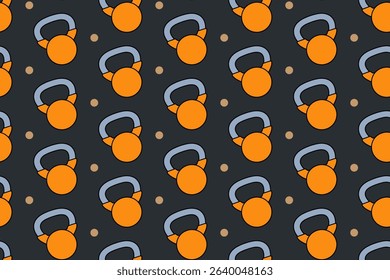Kettlebell with dot seamless pattern on black background. Kettlebell colorful doodle cartoon pattern background. Kettlebell isolated motif wallpaper. Fitness, gym, weightlifting merchandise