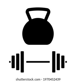 Kettlebell and dumbbell icon isolated in black on a white background. Hand drawn element, vector illustration.