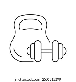 Kettlebell y Dumbbell Line Icon. Entrenamiento De Fuerza, Construcción Muscular, Actividades De Levantamiento De Pesas. Ilustración vectorial aislada.