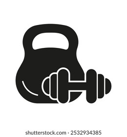 Kettlebell Y Dumbbell Icono De La Silueta. Levantar Pesas, Ejercicio Y Desarrollar Músculos. Entrenamiento de fuerza y levantamiento de pesas. Ilustración vectorial aislada.