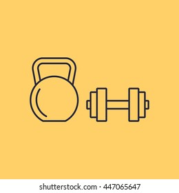 Kettlebell and dumbbell. Vector flat outline icon design illustration on yellow background. For theme about gym, fitness.