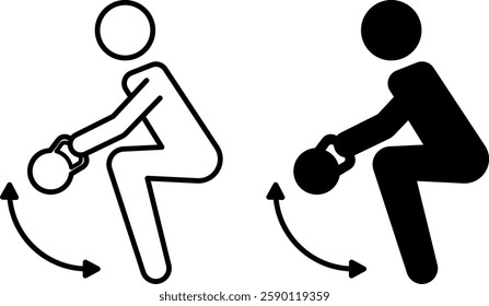 Kettlebell Exercise Icons. Black and White Vector Illustrations. Sports Equipment Simulating Bicycle. Workout, Fitness. Gym and Sports Concept