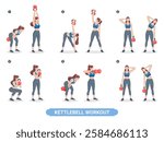 Kettlebell exercise workouts for women vector illustration.