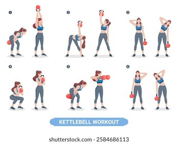 Kettlebell exercise workouts for women vector illustration.