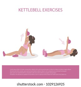 Kettlebell exercises on white background.  Workout schedule for women. Healthy and fit young black girl. Flat Illustration