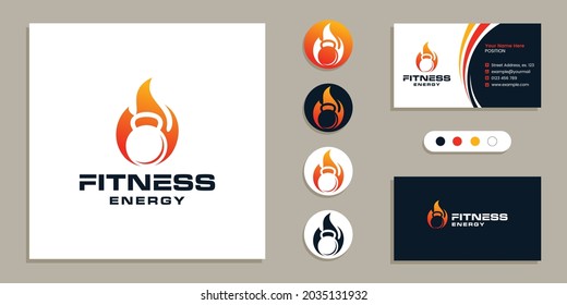 Kettlebell with fire spirit sign. Fitness, gym logo and business card design template inspiration