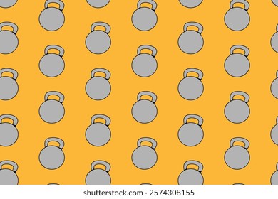 kettlebell fitness gym colorful pattern on yellow background. doodle kettlebell barbell object symbol seamless pattern background. kettlebell seamless pattern for fitness gym decor and merchandise