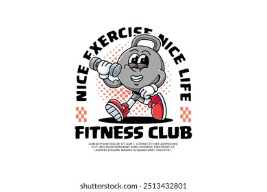 kettlebell fitness gym retro cartoon character mascot illustration with walking pose and holding dumbell for  fitness gym bodybuilding weightlifting sport club mascots and merchandise