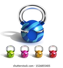 Kettlebell In Funny Multicolored Design Set Vector. Collection In Different Color And Chrome Plated Handle Steel Training Gym Equipment Kettlebell For Lifting Exercise. Realistic 3d Illustrations