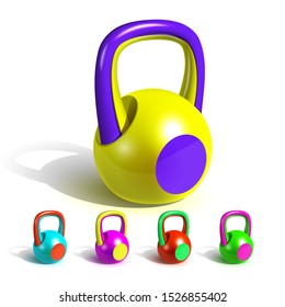Kettlebell In Funny Multicolored Style Set Vector. Assortment In Different Color Metal Bodybuilding Training Sport Equipment Kettlebell For Lifting Exercise. Realistic 3d Illustrations