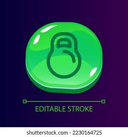 Kettlebell glossy ui button with linear icon. Goods for powerlifting. Sports inventory store. Isolated user interface element for web, mobile, video game design. Editable stroke. Arial font used