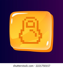 Kettlebell glossy ui button with pixelated icon. Powerlifting. Editable 8bit graphic element on shiny square shape. Isolated vector user interface image for web, mobile. Retro style game design