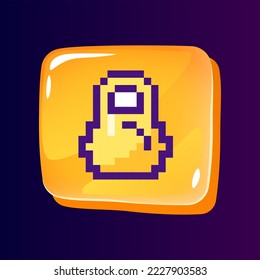 Kettlebell glossy ui button with pixelated color icon. Powerlifting. Sports inventory store. Editable 8bit graphic element on shiny glass rectangle shape. Isolated image for arcade, video game design