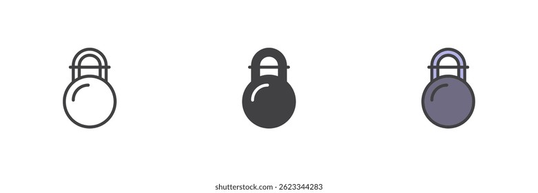Kettlebell gym equipment icon in line, solid and filled outline style. Strength training symbol and fitness workout icon. Heavy lifting vector sign 