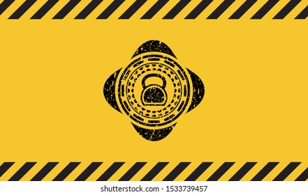 kettlebell icon black grunge emblem, yellow warning sign. Vector Illustration. Detailed.