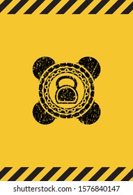 kettlebell icon black grunge emblem inside yellow warning sign. Vector Illustration. Detailed.
