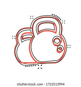 Kettlebell icon in comic style. Barbell sport equipment cartoon vector illustration on white isolated background. Dumbbell splash effect business concept.