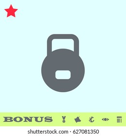 Kettlebell icon flat. Grey pictogram on blue background. Vector illustration symbol and bonus buttons medal, cow, earth, eye, calculator