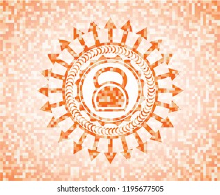 kettlebell icon inside abstract emblem, orange mosaic background