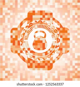 kettlebell icon inside abstract emblem, orange mosaic background
