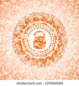 kettlebell icon inside abstract emblem, orange mosaic background