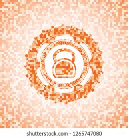 kettlebell icon inside abstract emblem, orange mosaic background