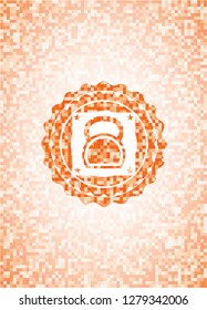 kettlebell icon inside abstract emblem, orange mosaic background