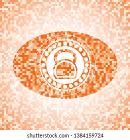 kettlebell icon inside abstract emblem, orange mosaic background