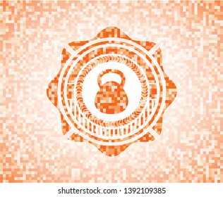 kettlebell icon inside abstract emblem, orange mosaic background