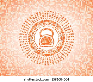 kettlebell icon inside abstract emblem, orange mosaic background