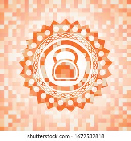 kettlebell icon inside abstract emblem, orange mosaic background