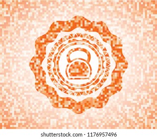 kettlebell icon inside abstract orange mosaic emblem