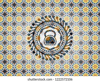 kettlebell icon inside arabesque badge background. arabic decoration.
