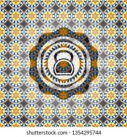 kettlebell icon inside arabesque badge. arabic decoration.