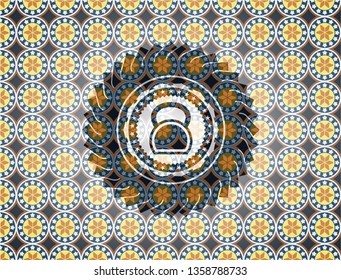 kettlebell icon inside arabesque emblem background. arabic decoration.