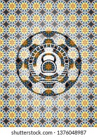 kettlebell icon inside arabesque emblem background. arabic decoration.