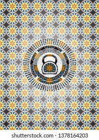 kettlebell icon inside arabesque emblem. arabic decoration.