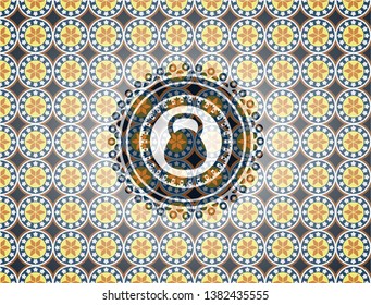 kettlebell icon inside arabesque emblem background. arabic decoration.