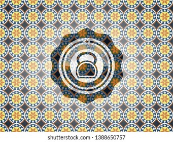 kettlebell icon inside arabesque emblem. arabic decoration.