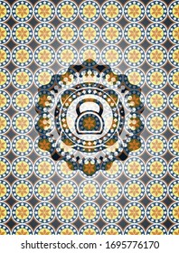 kettlebell icon inside arabesque emblem background. arabic decoration.