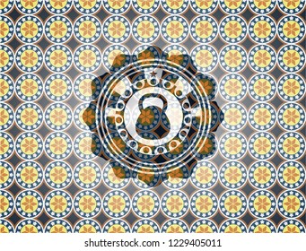 kettlebell icon inside arabesque style emblem. arabic decoration.