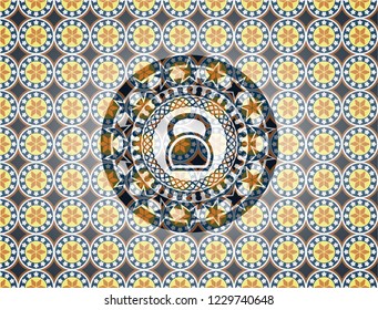 kettlebell icon inside arabesque style emblem. arabic decoration.