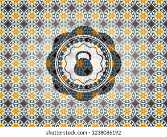 kettlebell icon inside arabesque style emblem. arabic decoration.