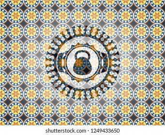 kettlebell icon inside arabesque style emblem. arabic decoration.