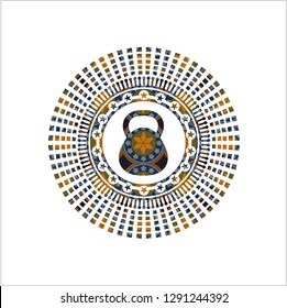 kettlebell icon inside arabesque style emblem. arabic decoration.