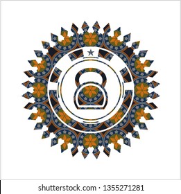 kettlebell icon inside arabesque style emblem. arabic decoration.