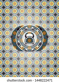 kettlebell icon inside arabesque style emblem. arabic decoration.